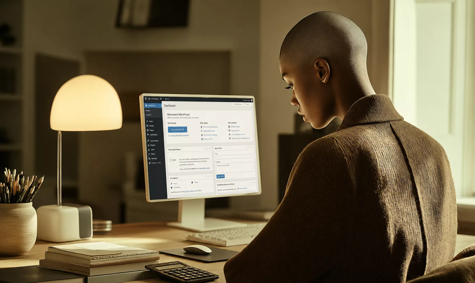 Femme assise à son bureau face à un écran affichant le tableau de bord WordPress, avec une calculatrice posée au premier plan.