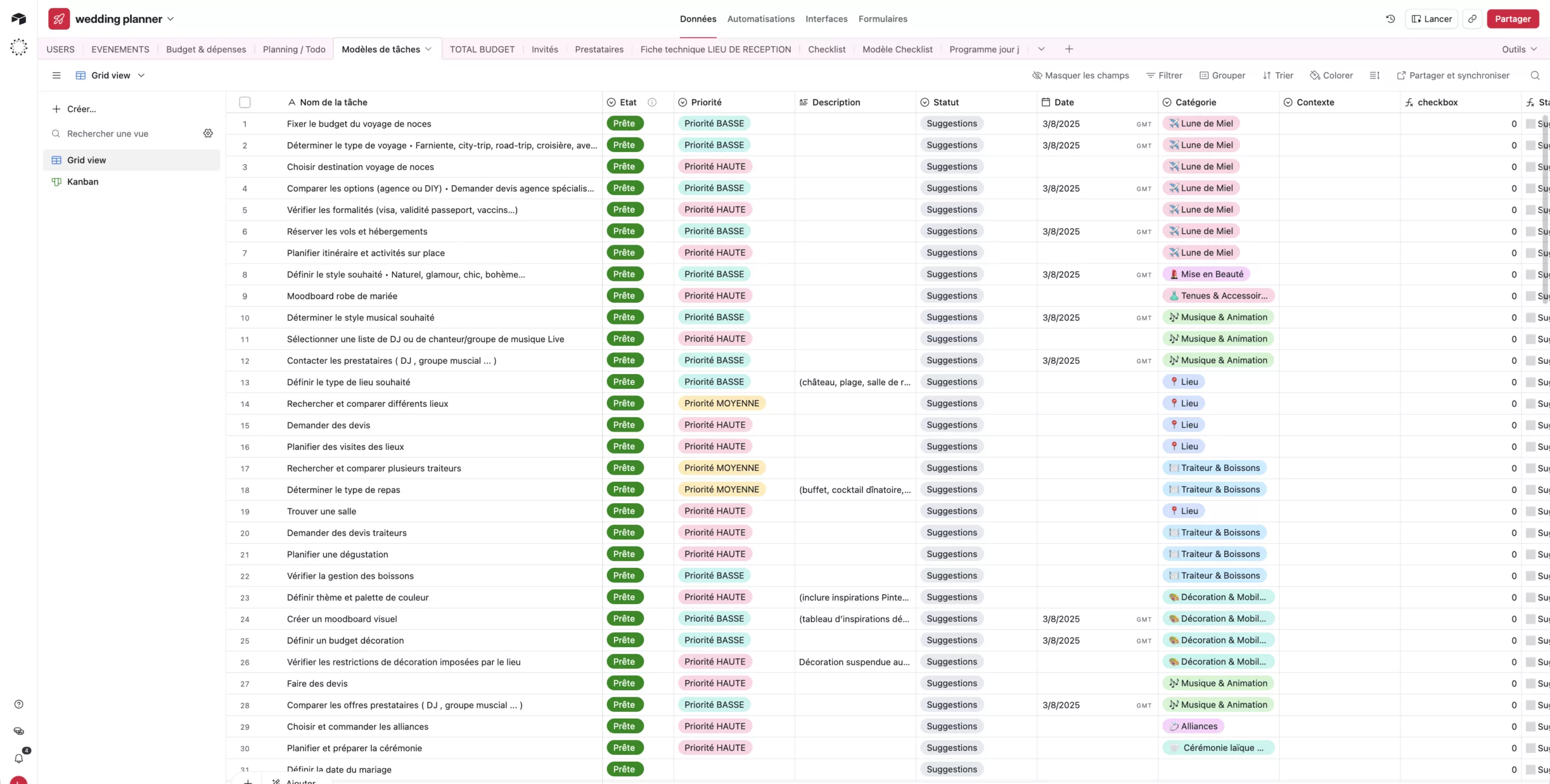Capture d'écran d'un aperçu de la gestion des données de l'application wedding planner by Comeet sur Airtable