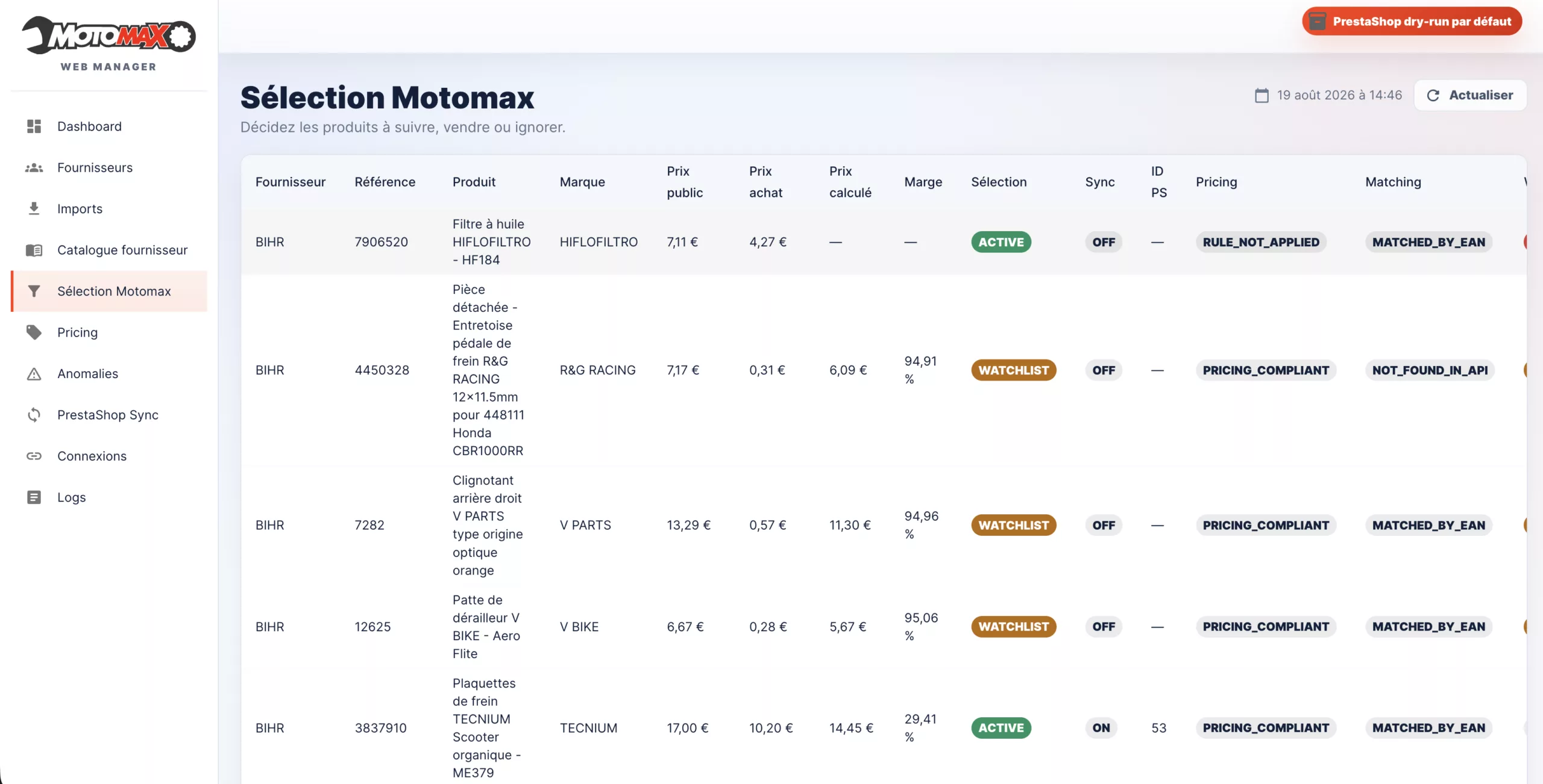 Capture d'écran de la sélection Motomax de l'application Motmax Web Manager