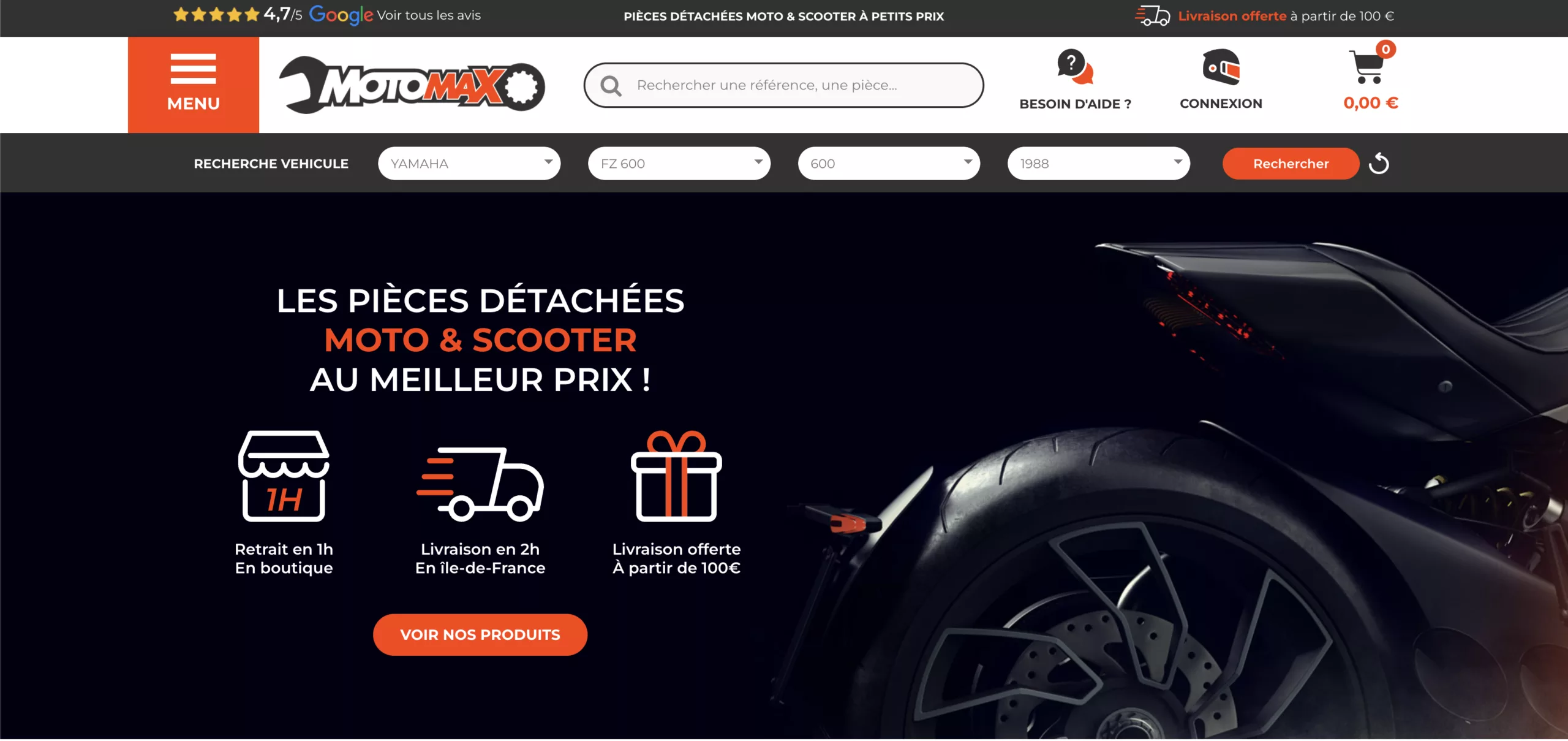 Capture d'écran de la home page de Motomax avec le véhiculier.