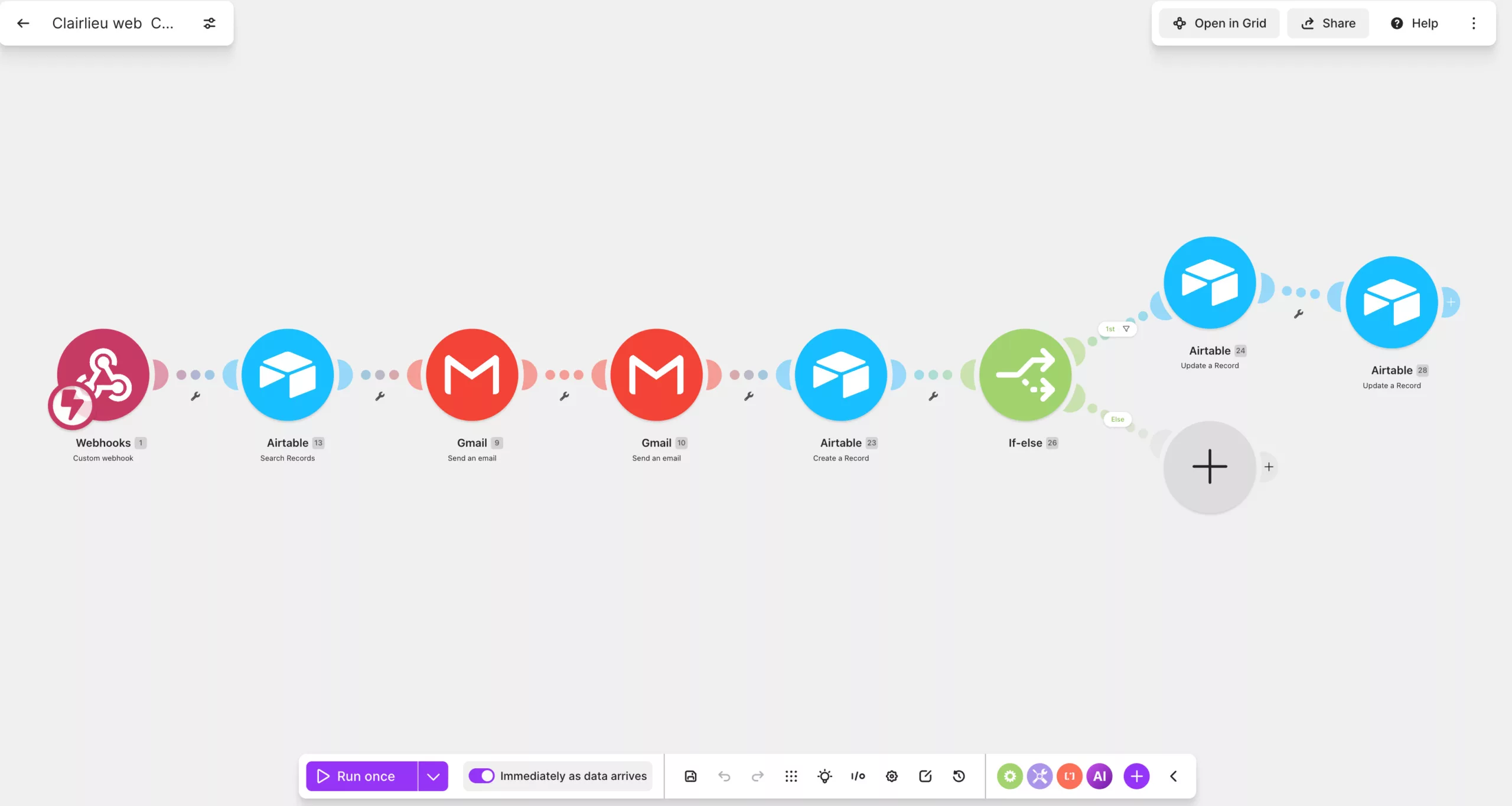 Scénario d’automatisation Make connecté au CRM Clairlieu