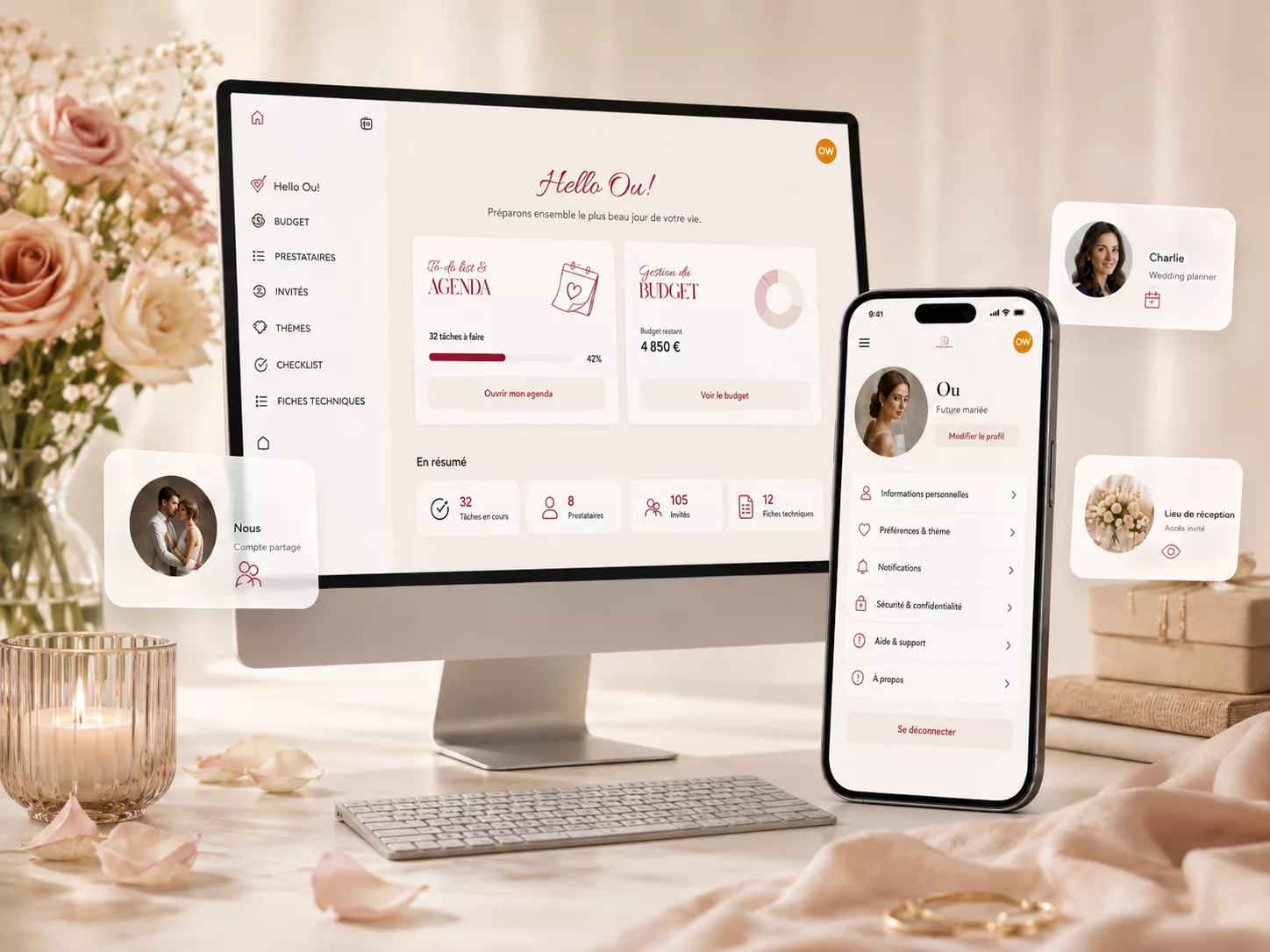 Capture d'écran desktop des interfaces multiprofils de l'application wedding planner de Comeet