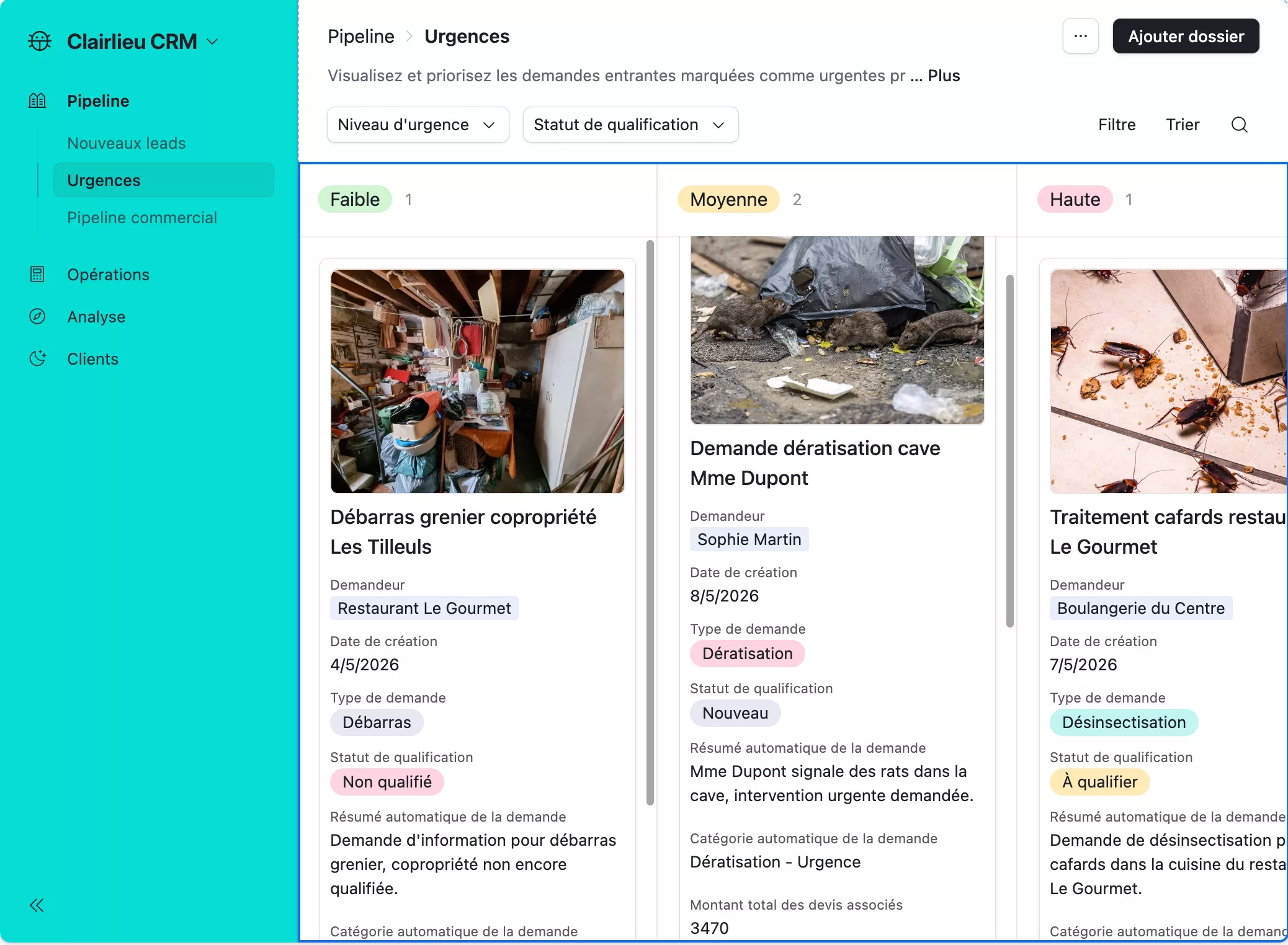 Pipeline CRM Airtable de Clairlieu pour le suivi des demandes