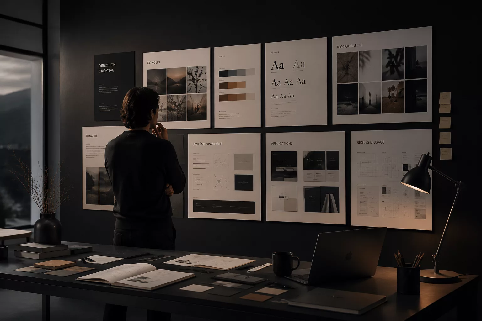 Designer construisant une identité visuelle à partir de typographies, couleurs, iconographie et règles graphiques