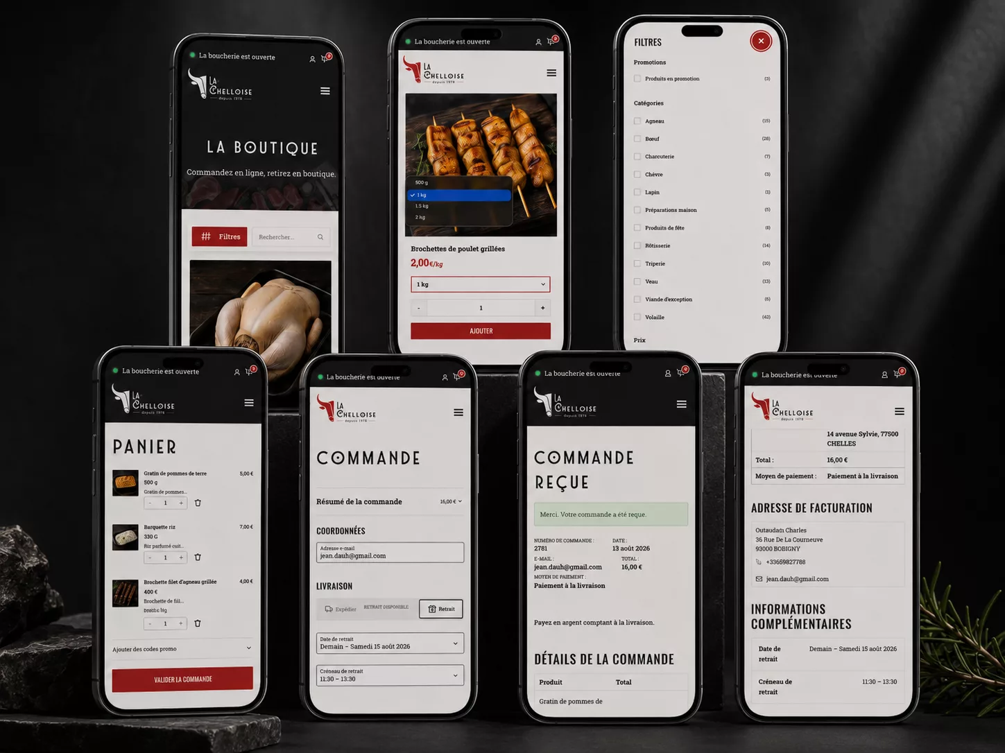 Téléphones montrant des écrans du parcours d'achat du site internet de la boucherie La Chelloise