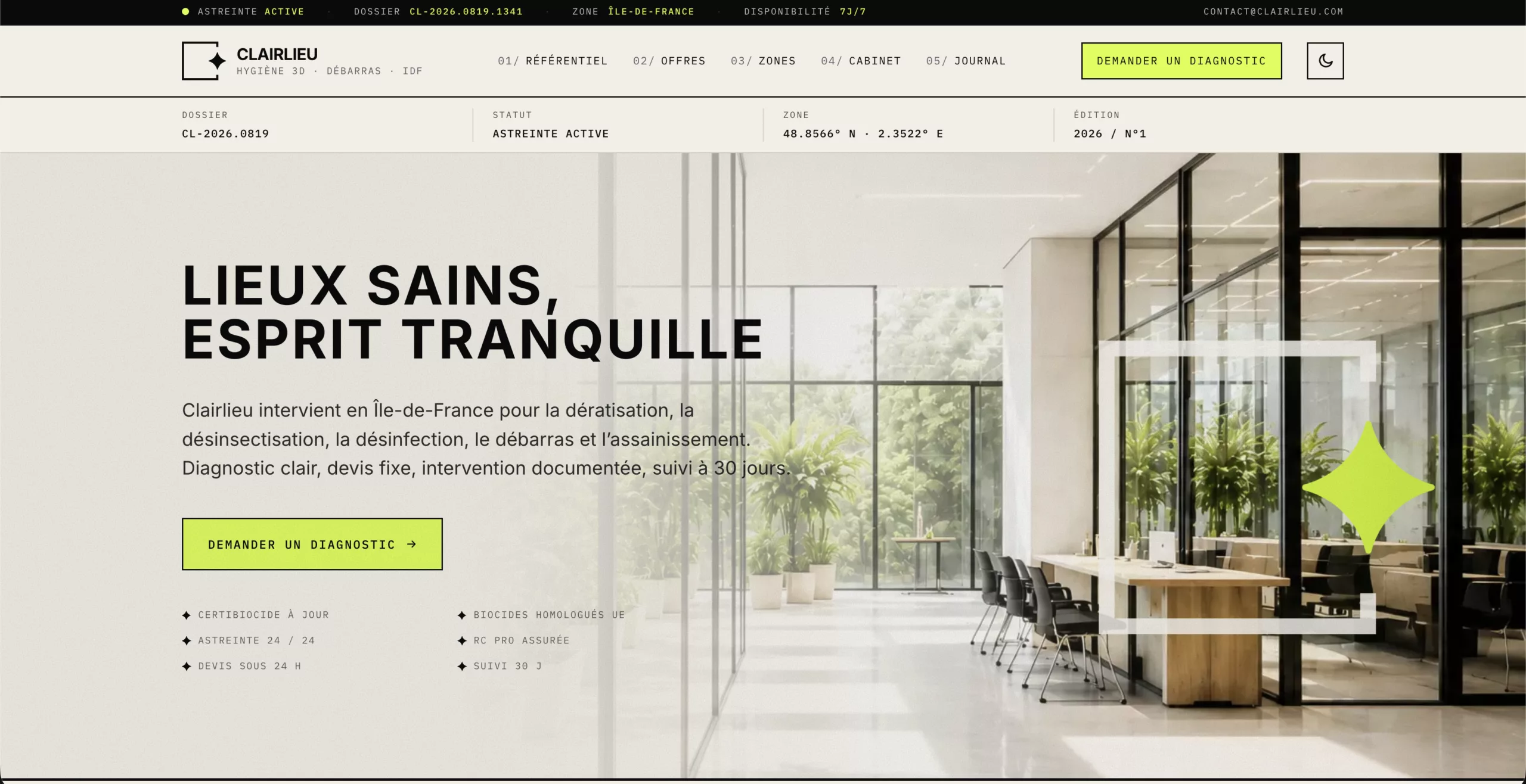 Capture d'écran de la page d'accueil du site internet Clairlieu