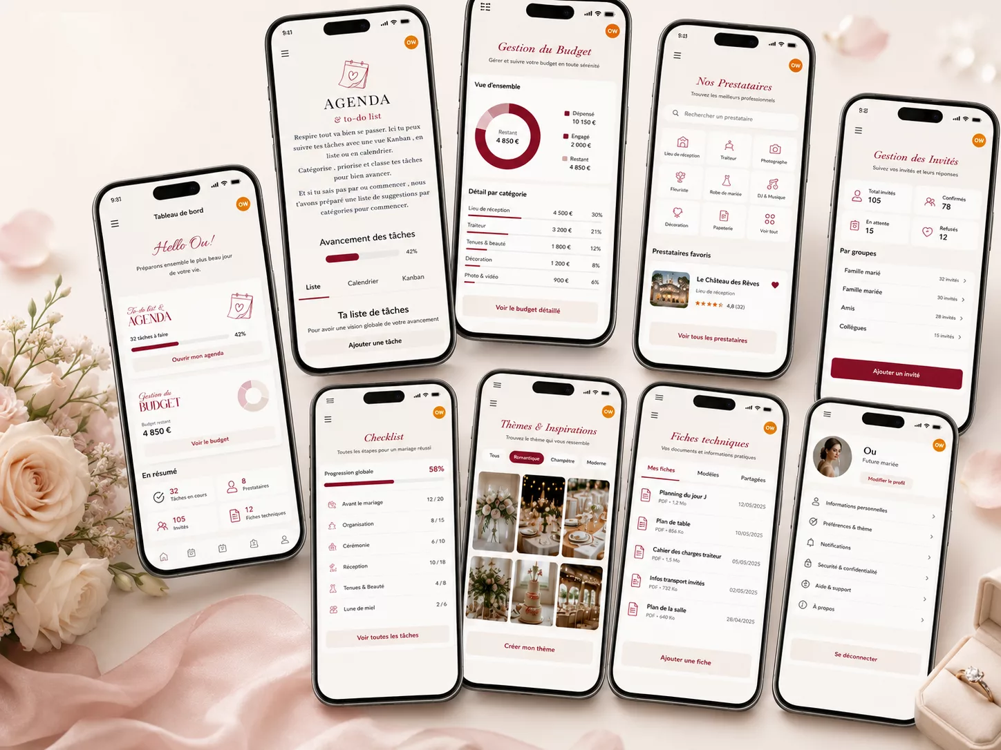 Téléphones montrant différents écran de l'application Wedding Panner de Comeet