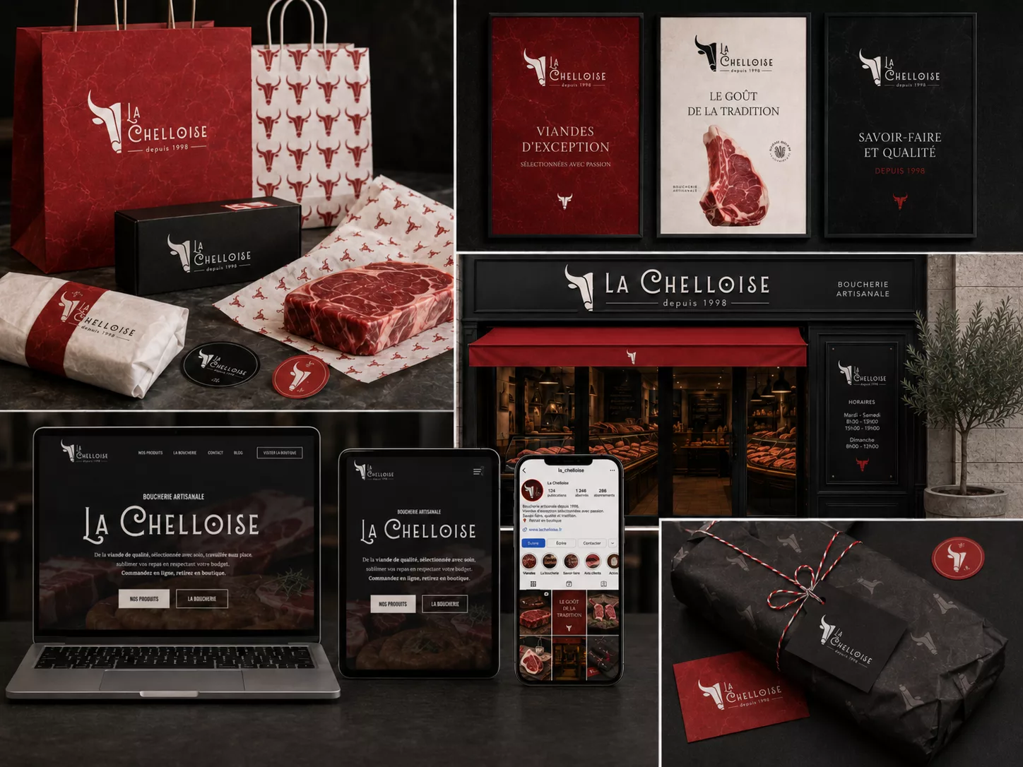 Déclinaisons physiques de la charte graphique de la boucherie La Chelloise, packaging, Affiches, Site Web, réseaux sociaux et devanture