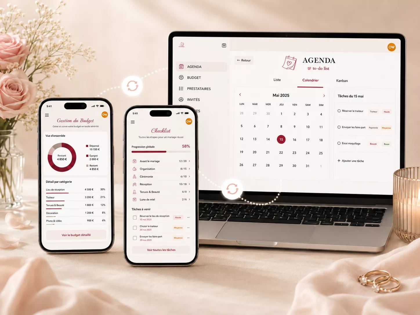 Capture d'écran montrant la synchronisation des modules de l'application wedding planner de Comeet