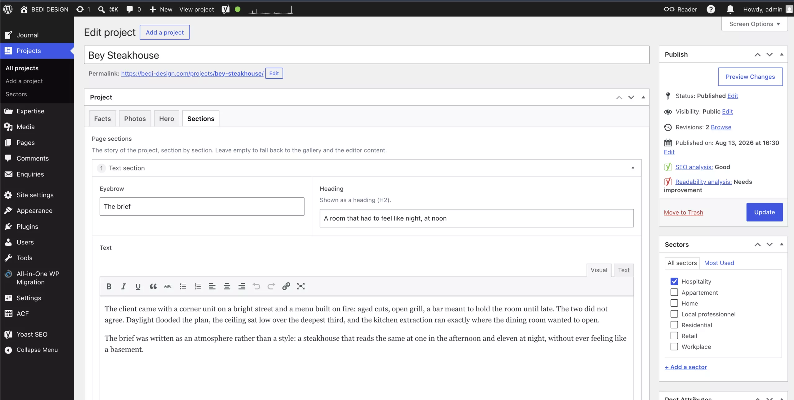 Capture d'écran du backoffice customisé du site de Bedi Design