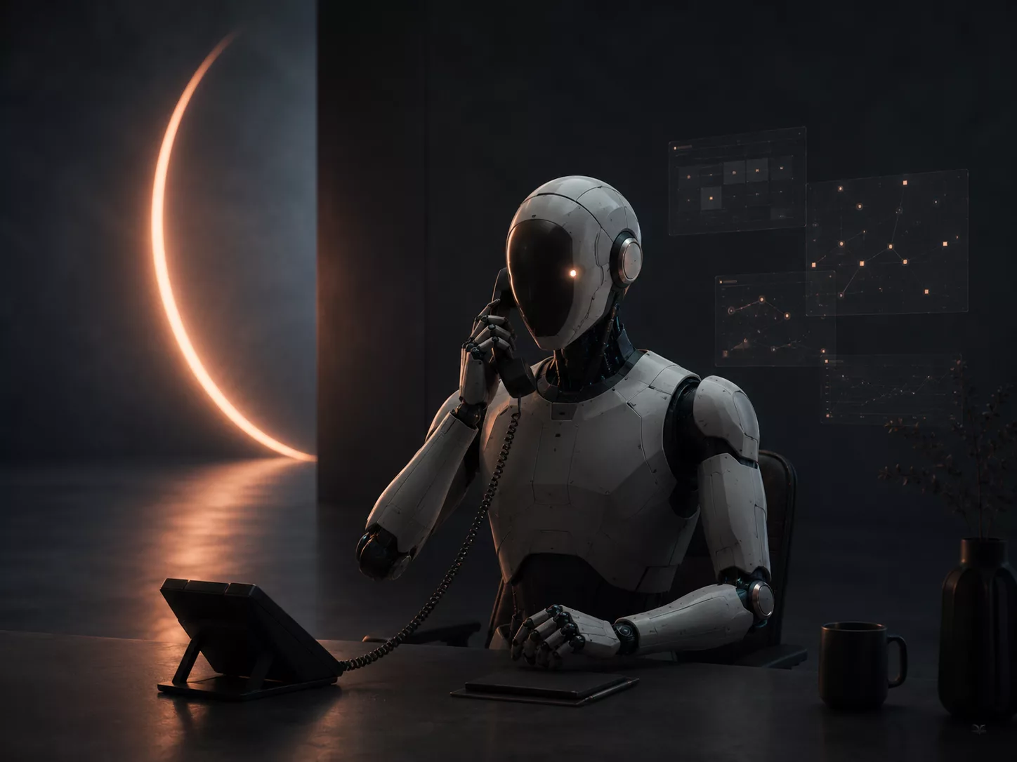 Robot humanoïde répondant au téléphone dans un bureau futuriste pour illustrer un agent IA chargé de la relation client.