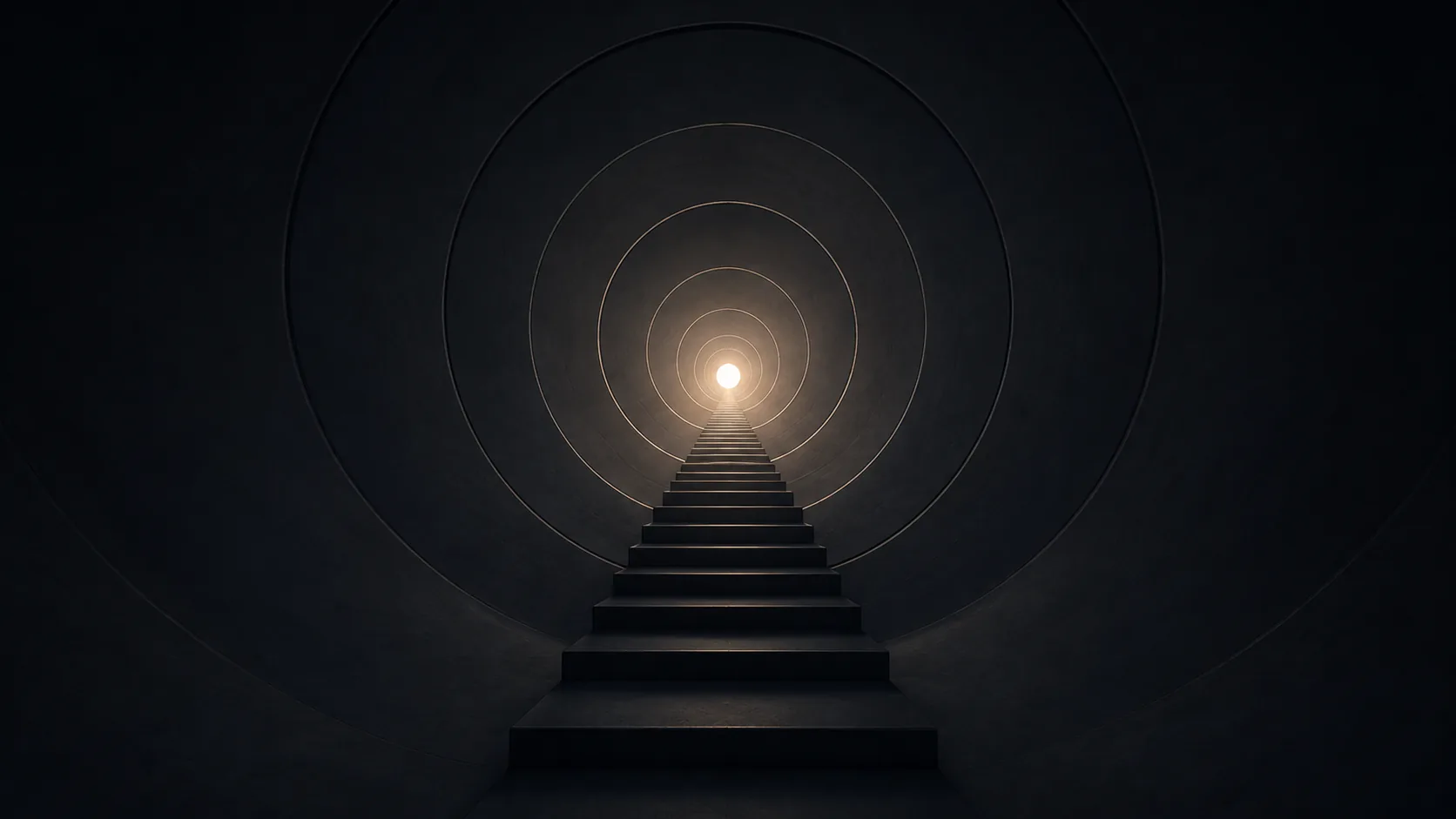 Escalier montant vers une lumière au bout d’un tunnel d’anneaux concentriques
