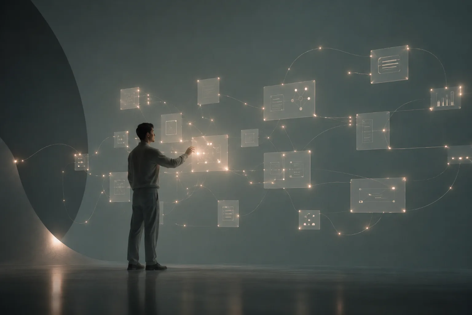 Personne devant une cartographie de pages reliées entre elles, projetée sur un mur clair
