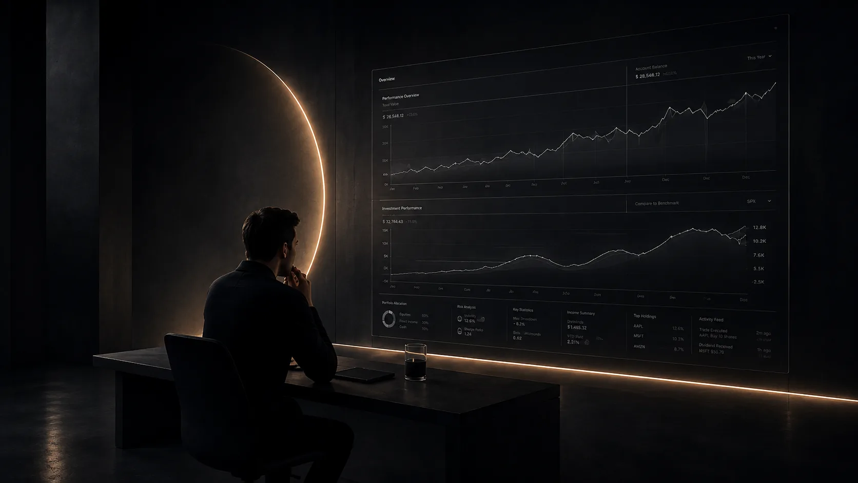 Personne assise devant une large paroi de tableaux de bord et de courbes, dans une pièce sombre