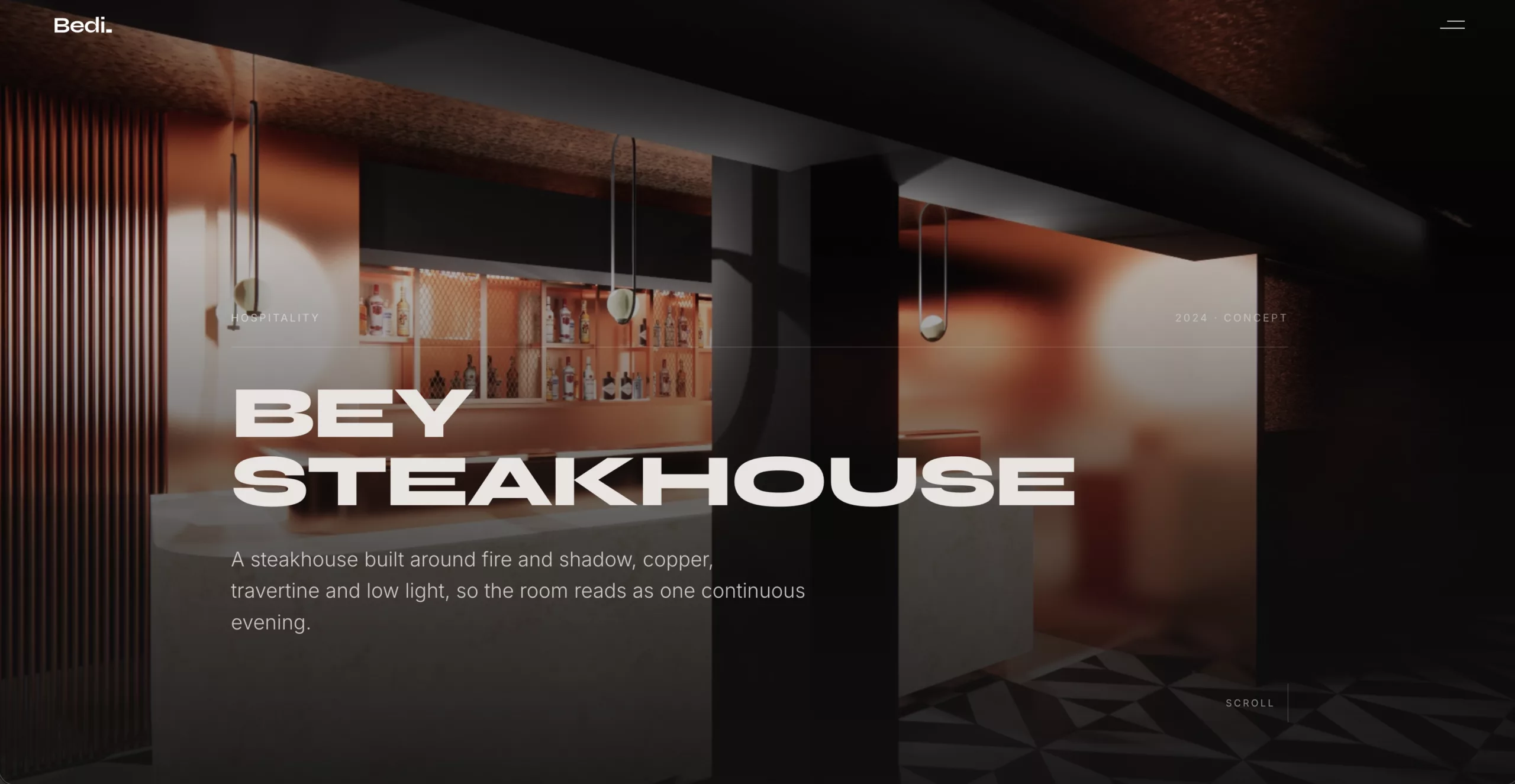 Capture d'écran du hero du projet bey steakhouse sur le site de Bedi Design