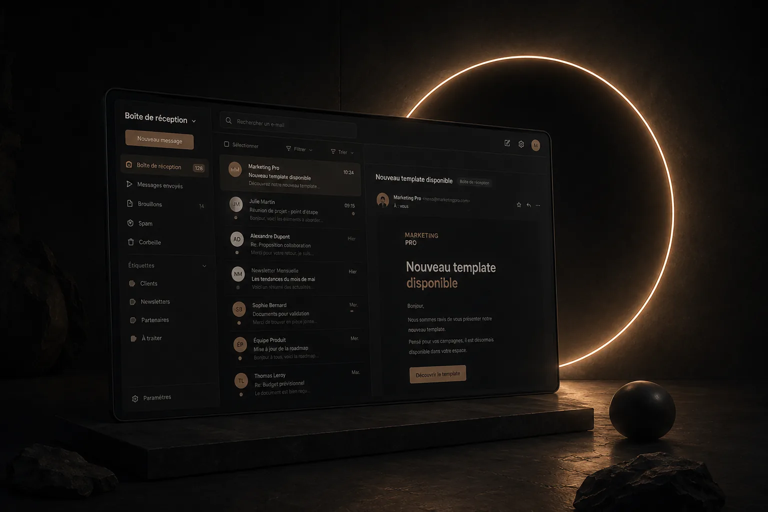 Écran d’une boîte de réception listant des messages, devant un cerceau lumineux