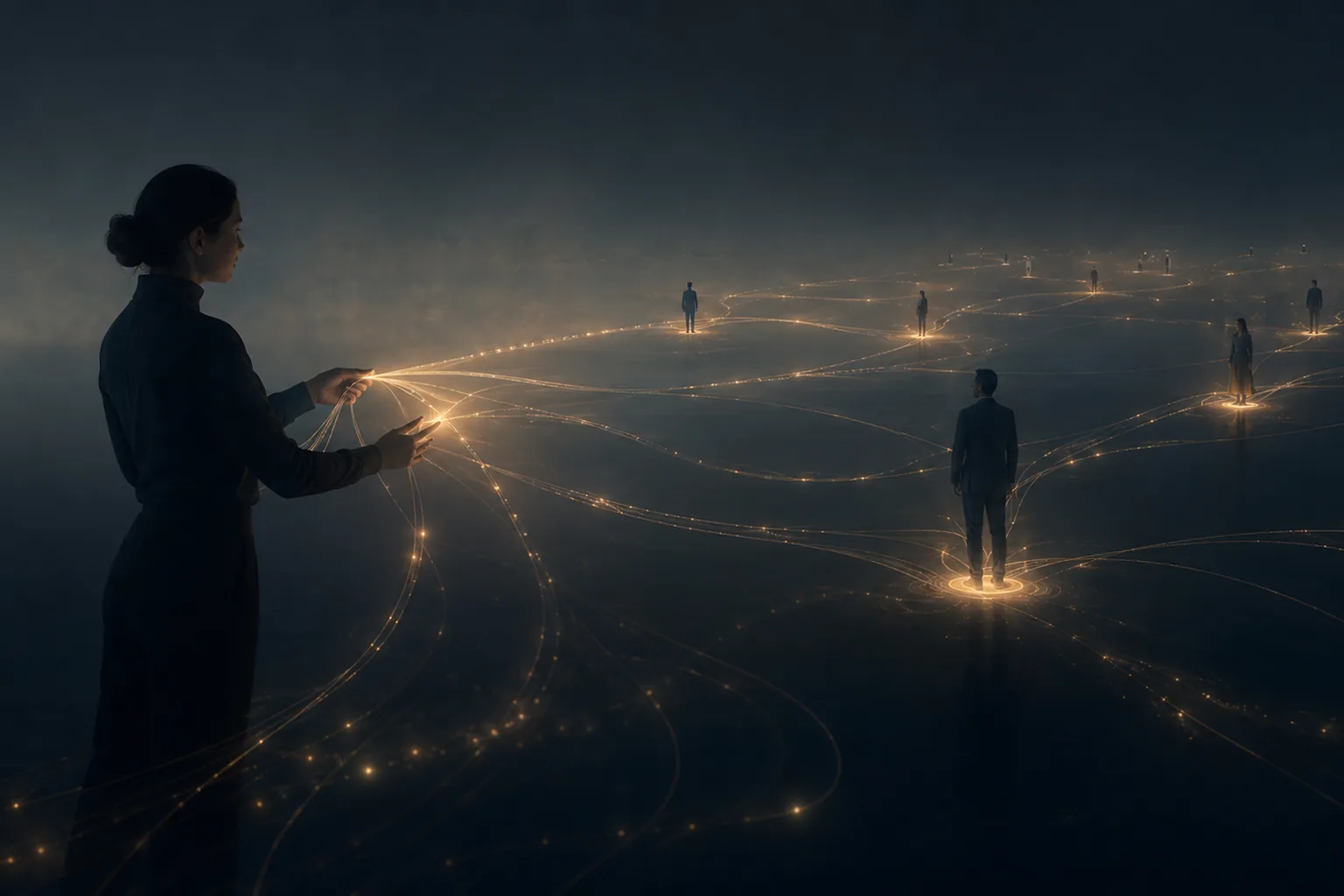 Traits de lumière partant d’une main ouverte vers des silhouettes dispersées dans la pénombre