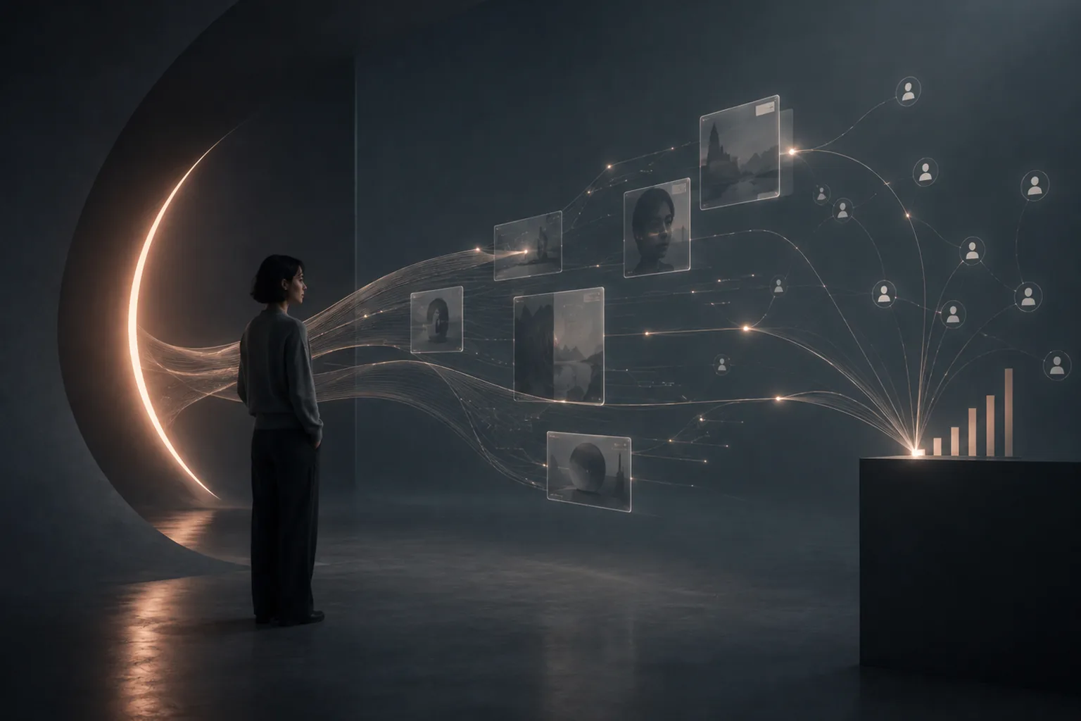 Personne devant un flux de visuels publicitaires qui se déploie en éventail vers un histogramme de résultats