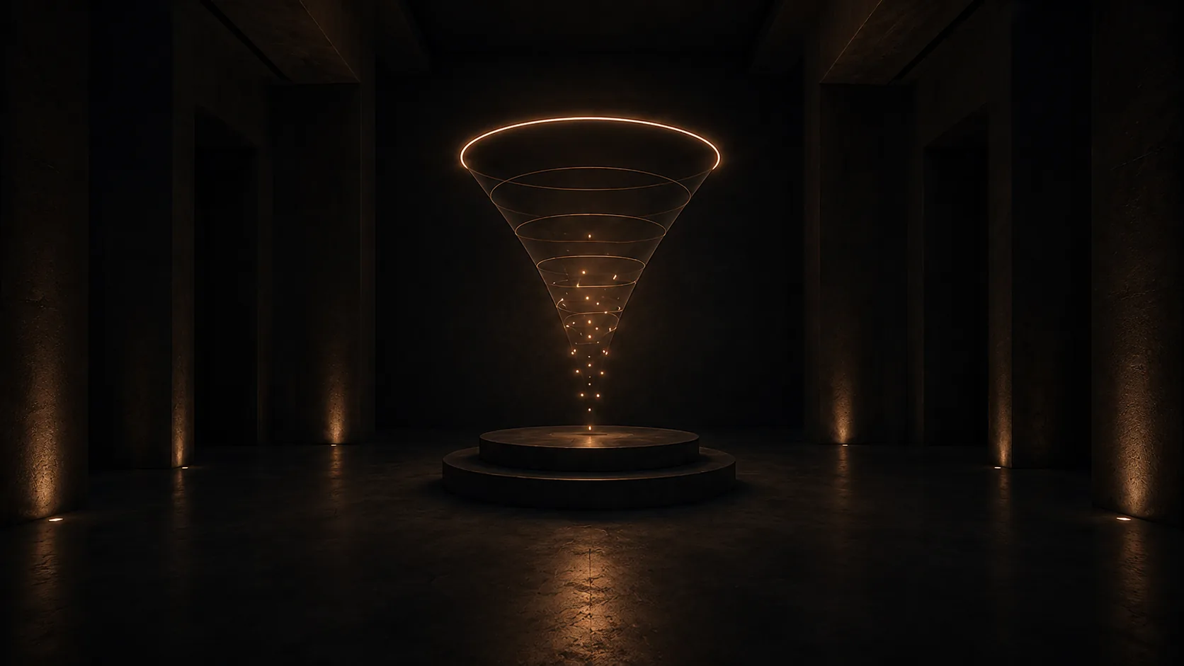 Entonnoir de points lumineux descendant vers un socle circulaire, dans une salle sombre