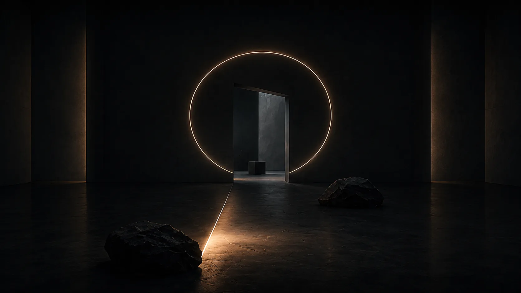 Chemin de lumière menant à une ouverture éclairée cerclée d’un anneau