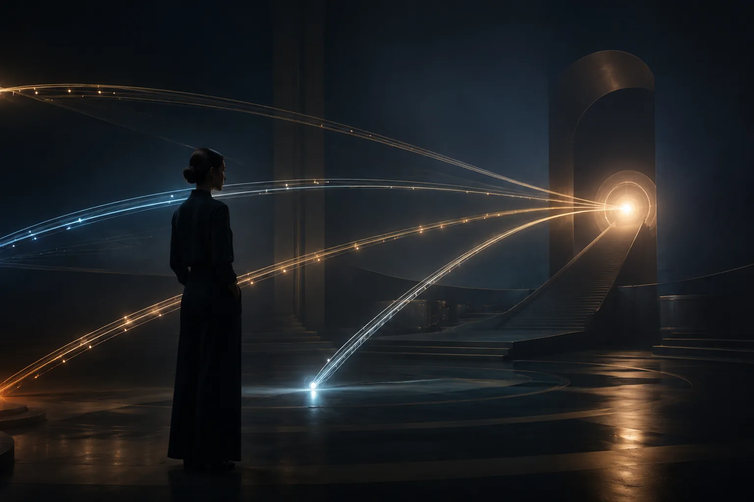 Personne devant des arcs lumineux qui convergent vers une ouverture éclairée