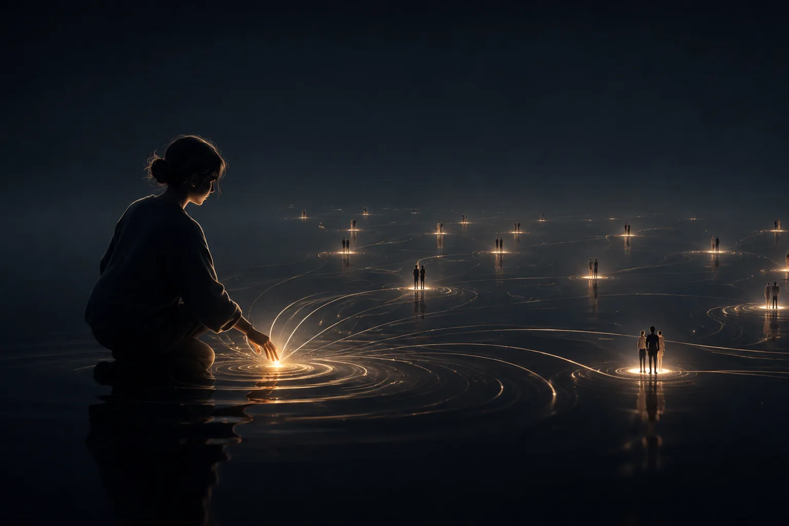 Main effleurant une surface d’eau constellée de points lumineux, silhouettes lointaines à l’horizon