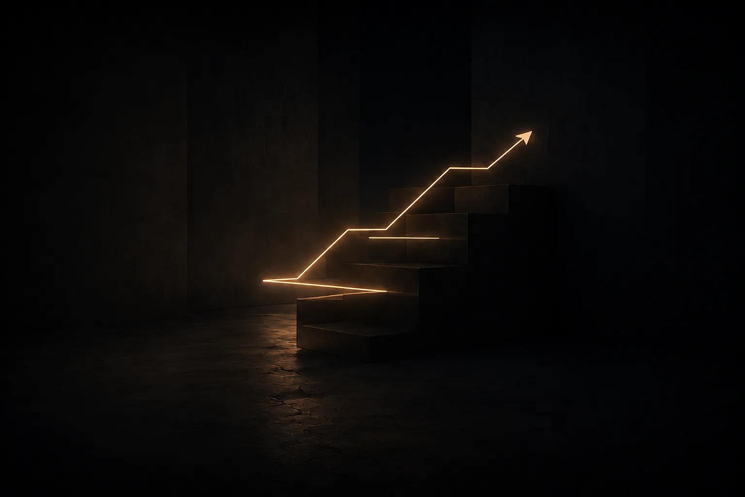 Marches de lumière montant vers une flèche, dans une salle sombre