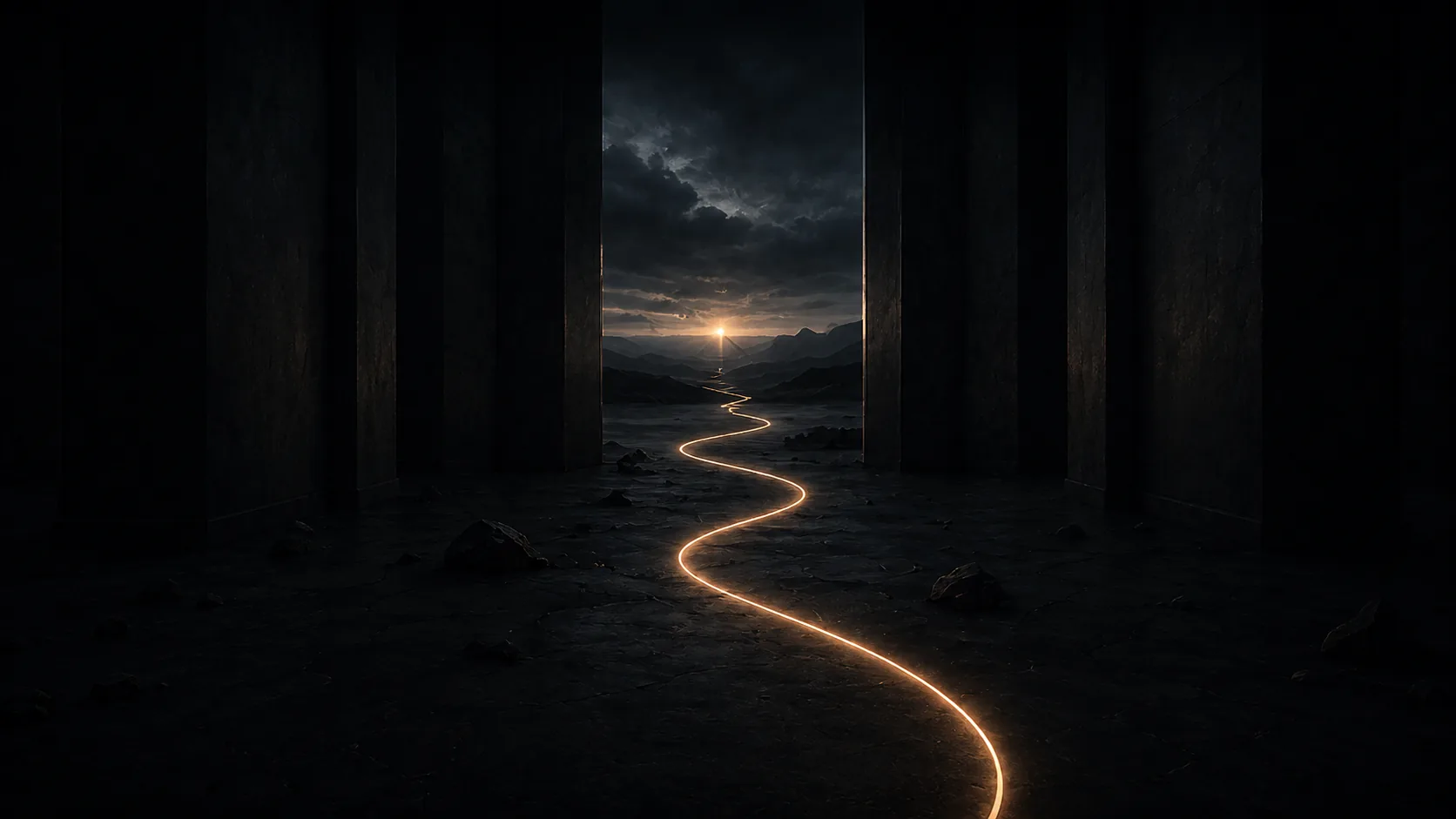 Ligne de lumière serpentant entre des colonnes sombres vers un horizon éclairé