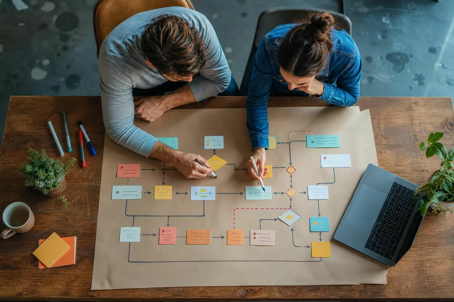 Deux dirigeants cartographient les étapes, contrôles et exceptions d’un processus métier.