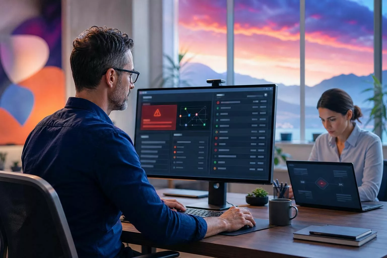 Deux collaborateurs contrôlent une alerte et valident manuellement une étape sensible d’un workflow.