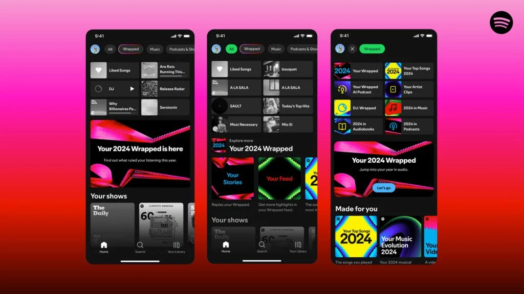 Ecrans mobiles montrant un exemple de personnalisation créative avec l'experience 2024 de Spotify