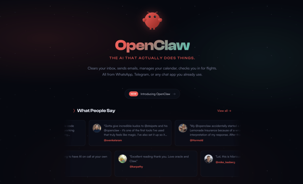 Capture d'écran du site openclaw.ai